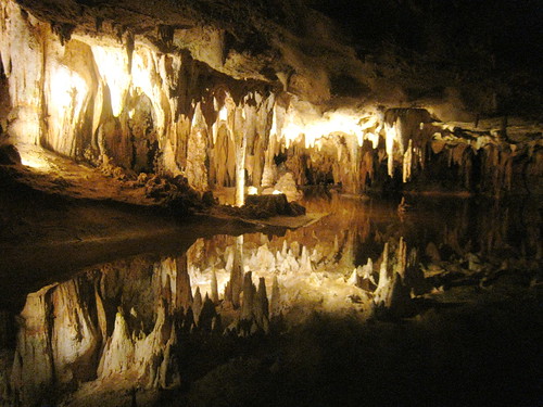 Dream lake in luray caverns.  The stalactites are reflected in the shallow lake underneath.