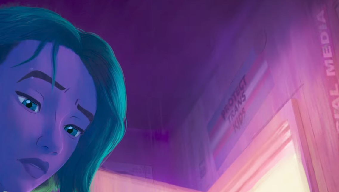 Same screenshot of Spider-Gwen but zoomed in even closer to the trans pride flag.

Only half of Gwen’s face is visible, the rest is cropped.