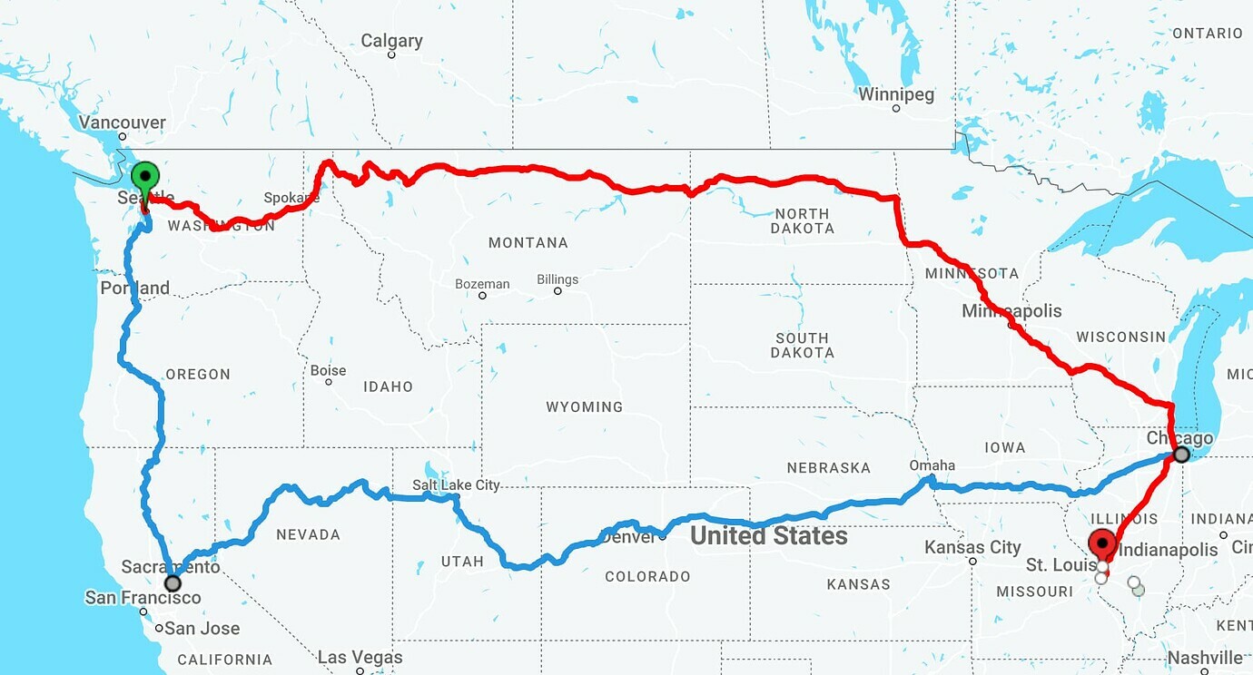 Screenshot of Amtrak routes from Seattle to St Louis. We’ll be taking the “Empire Builder” red route parallel to the US - Canada border