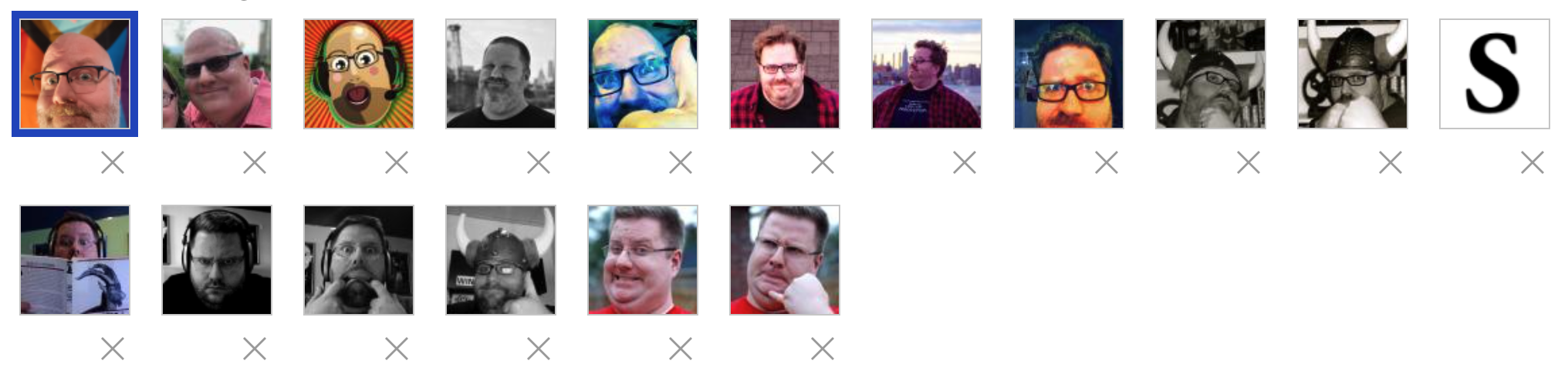 A screenshot of my history of profile pics uploaded to Gravatar. There are 17 little squares, all with me smiling or pulling a face in them at various ages, hairstyles and weights.