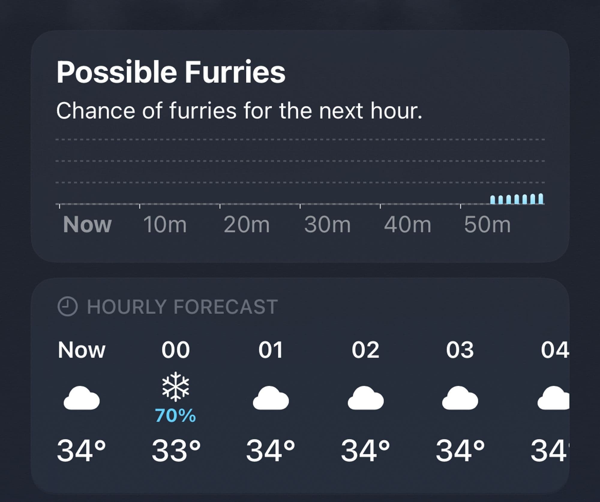 A screenshot of the Apple Weather app that says "Possible Furries. Chance of furries for the next hour."