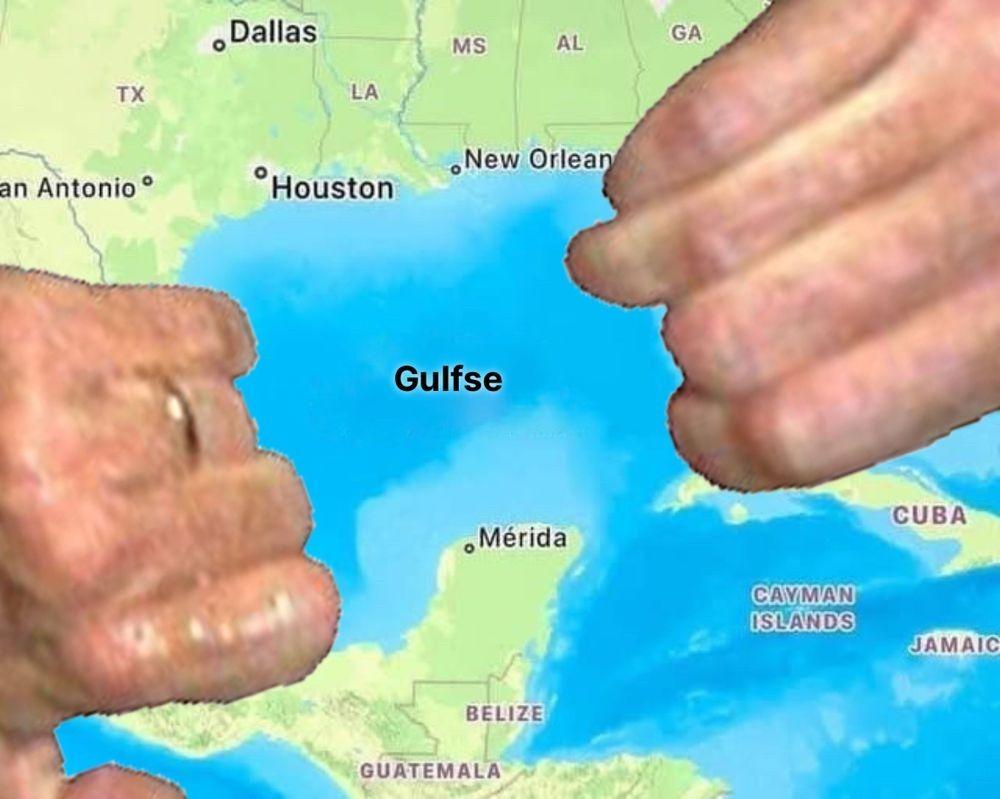 Map showing Mexico, Florida and the Gulf of Mexico. A hand with a wedding ring is holding the Central American landmass, another hand is holding the Florida peninsula. The Gulf of Mexico is labelled "Gulfse".