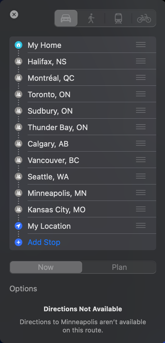 A list of cities in Apple Maps: (My Home),  Halifax, Montreal, Toronto, Sudbury, Thunder Bay, Calgary, Vancouver (BC), Seattle, Minneapolis, Kansas City, and back to My Location (at home).  The error message is: "Directions to Minneapolis aren't available on this route."