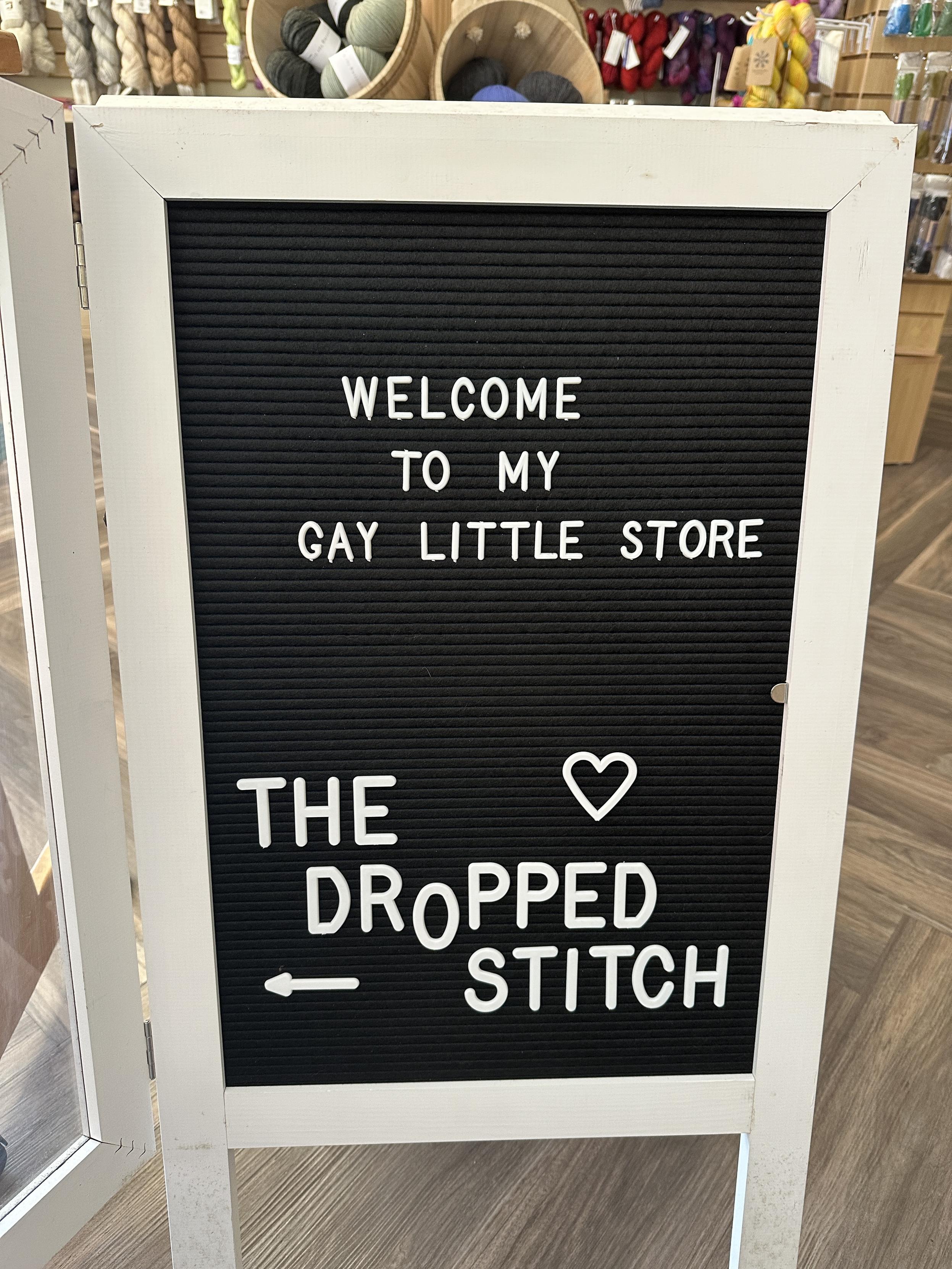 Sidewalk sign that says “welcome to my gay little store”