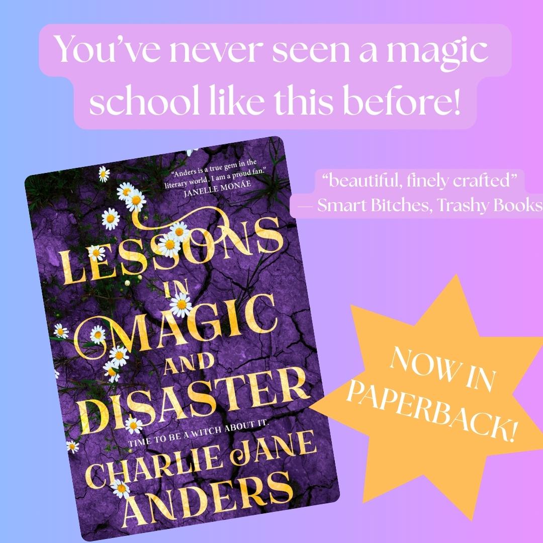 The paperback cover of Lessons in Magic and Disaster (daisies against purple cracked earth) plus YOU'VE NEVER SEEN A MAGIC SCHOOL LIKE THIS BEFORE! NOW IN PAPERBACK! And a quote from Smart Bitches, Trashy books: "beautiful, finely crafted"