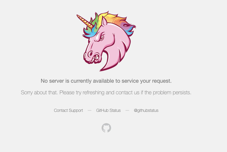 A screenshot of the GitHub "unicorn" error page with the error, "No server is currently available to service your request".