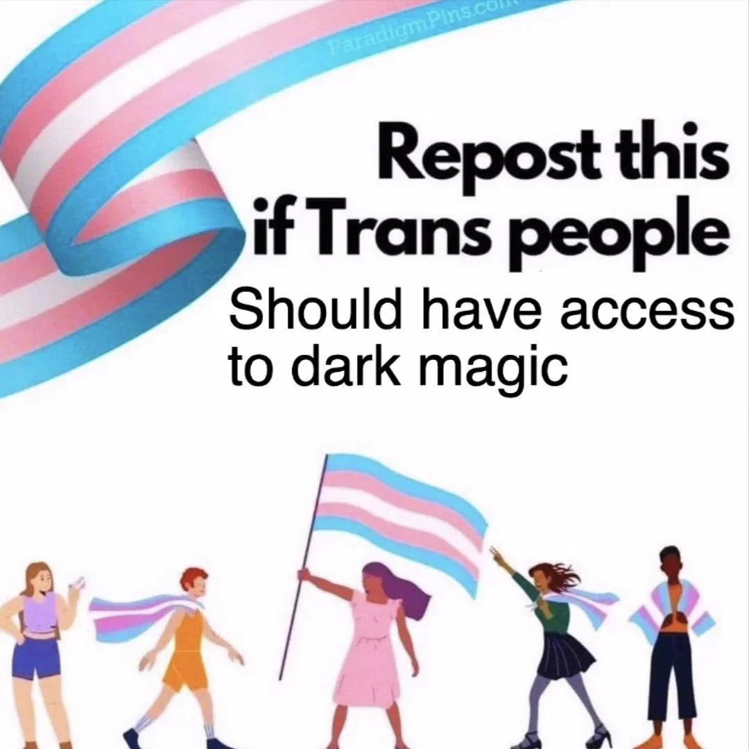 Repost this if trans people should have access to dark magic

A corprate-ish picture of people waving trans flags