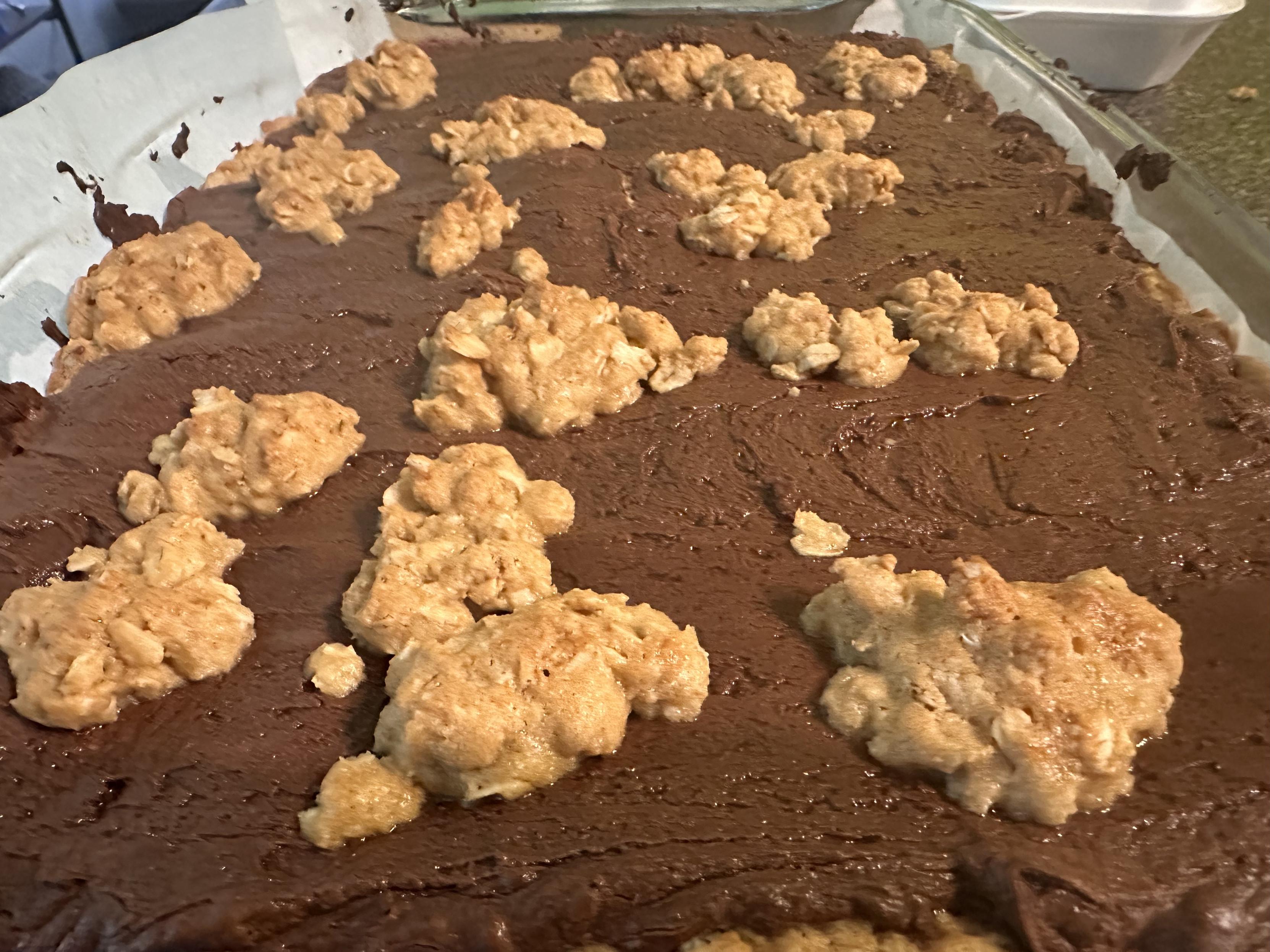 A pan of snowmobile squares: chocolate ganache covered in dollops of slightly browned oat crumble. 